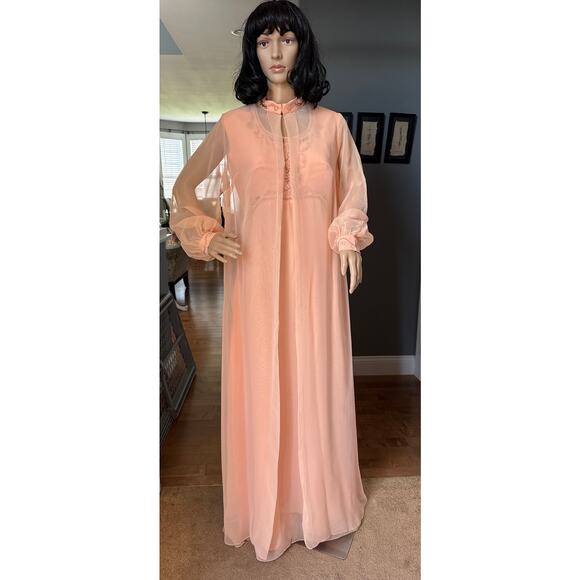 Vintage 1960s Elgin Peach Chiffon Dress & Sheer Overlay Set medium - Picture 7 of 17